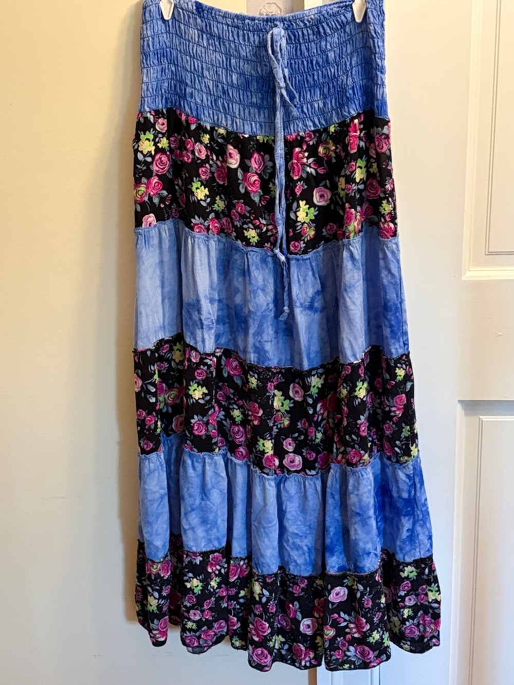 Romanian Blue Floral Tiered Maxi Skirt